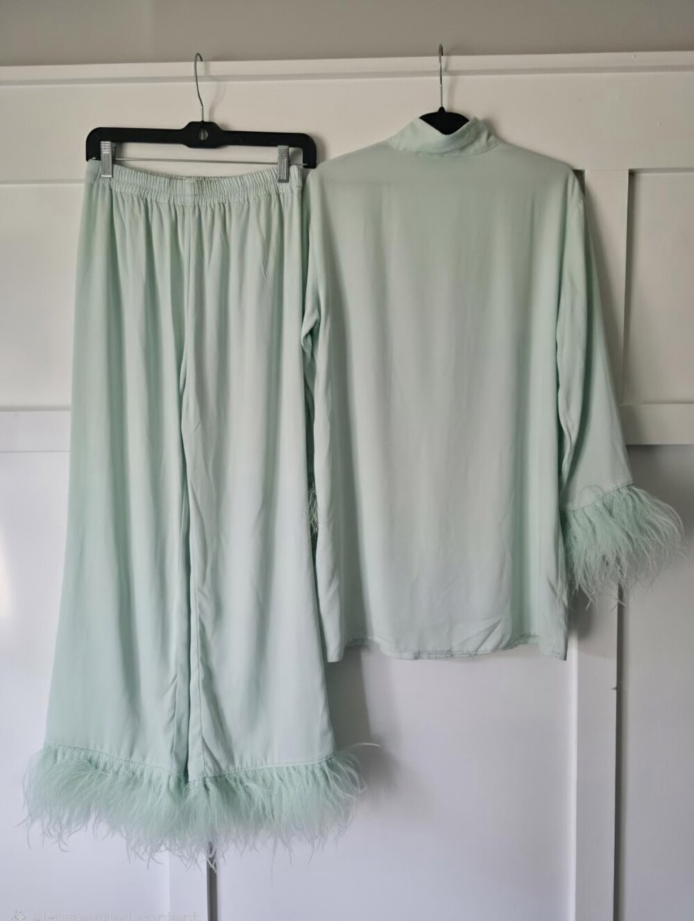 RARE Sleeper Net Sustain Feather-Trimmed Satin Pajama Set - Picture 6 of 11